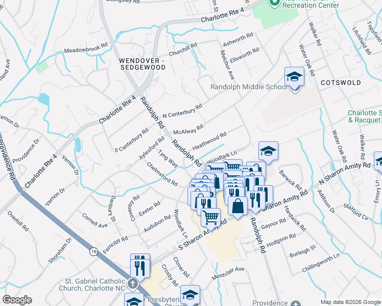 map of restaurants, bars, coffee shops, grocery stores, and more near 4204 Randolph Road in Charlotte