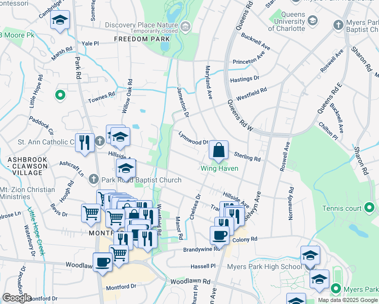 map of restaurants, bars, coffee shops, grocery stores, and more near 353 Ridgewood Avenue in Charlotte