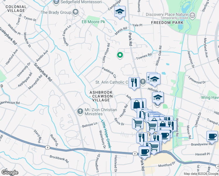 map of restaurants, bars, coffee shops, grocery stores, and more near 1234 Paddock Circle in Charlotte