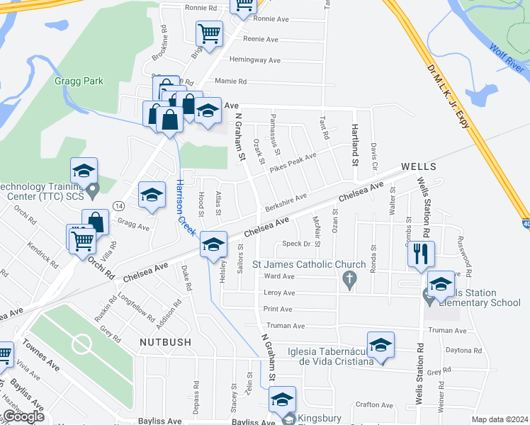 map of restaurants, bars, coffee shops, grocery stores, and more near 1745 North Graham Street in Memphis