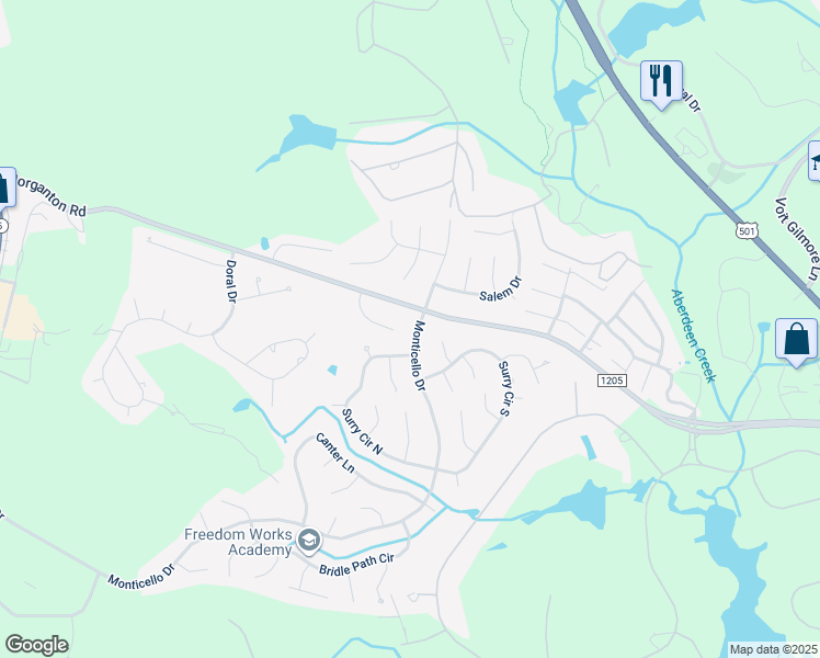 map of restaurants, bars, coffee shops, grocery stores, and more near 1345 Monticello Drive in Pinehurst