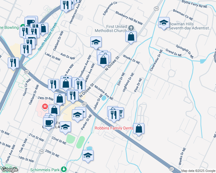 map of restaurants, bars, coffee shops, grocery stores, and more near 2818 Julian Drive Northeast in Cleveland