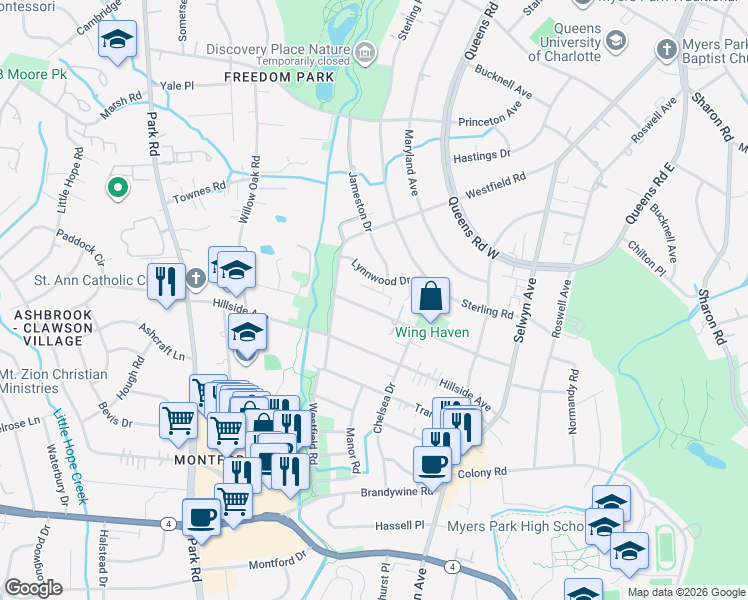 map of restaurants, bars, coffee shops, grocery stores, and more near 353 Ridgewood Avenue in Charlotte