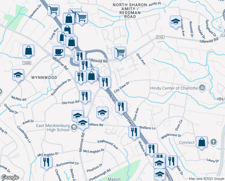 map of restaurants, bars, coffee shops, grocery stores, and more near 6711 City View Drive in Charlotte