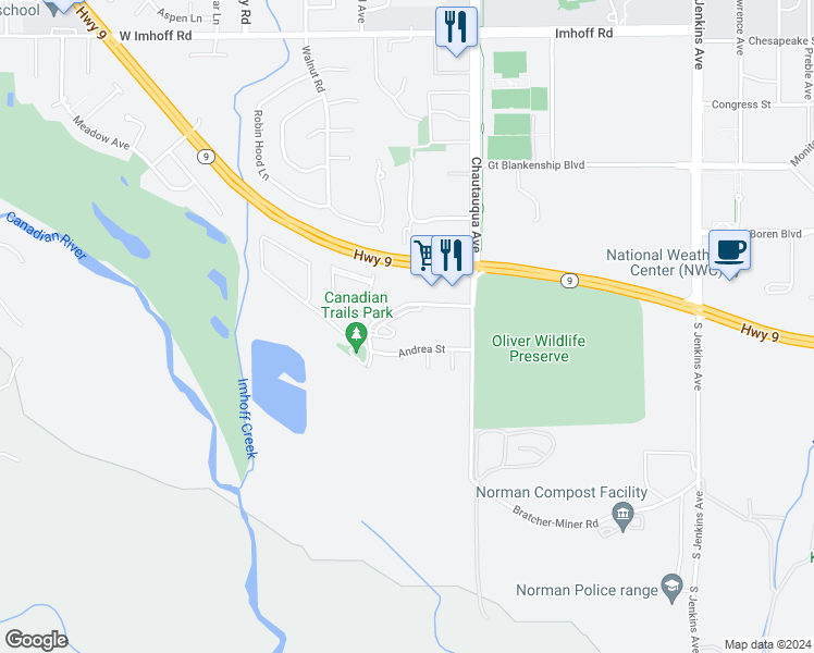 map of restaurants, bars, coffee shops, grocery stores, and more near 800 South Canadian Trails Drive in Norman