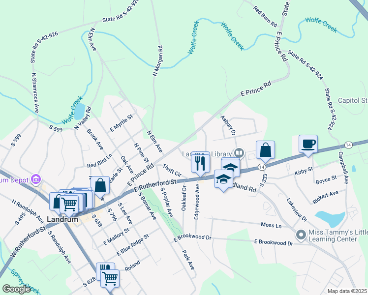 map of restaurants, bars, coffee shops, grocery stores, and more near 142 Skyuka Circle in Landrum