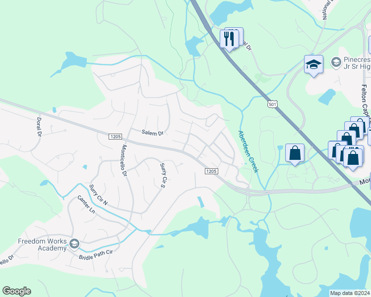 map of restaurants, bars, coffee shops, grocery stores, and more near 1225 Morganton Road in Pinehurst