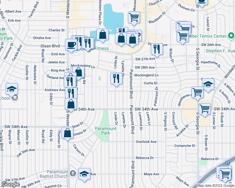 map of restaurants, bars, coffee shops, grocery stores, and more near 3309 Linda Drive in Amarillo