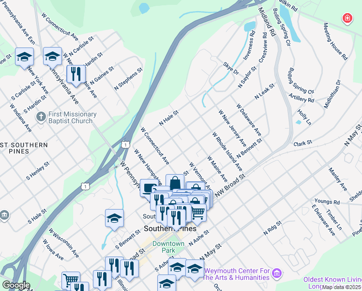 map of restaurants, bars, coffee shops, grocery stores, and more near 415 West Vermont Avenue in Southern Pines
