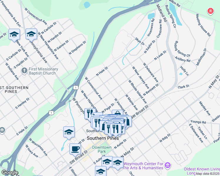 map of restaurants, bars, coffee shops, grocery stores, and more near 415 West Vermont Avenue in Southern Pines