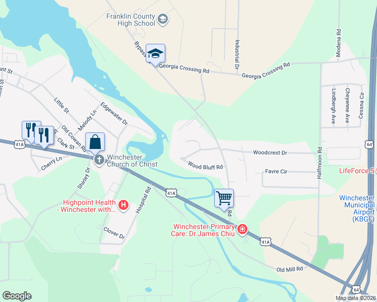 map of restaurants, bars, coffee shops, grocery stores, and more near 186 Wood Bluff Road in Winchester
