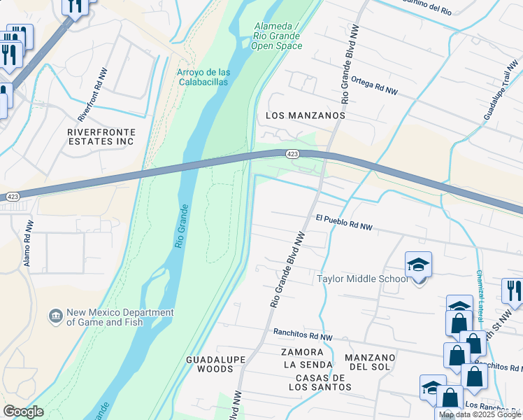 map of restaurants, bars, coffee shops, grocery stores, and more near 8407 Rio Grande Boulevard Northwest in Los Ranchos de Albuquerque