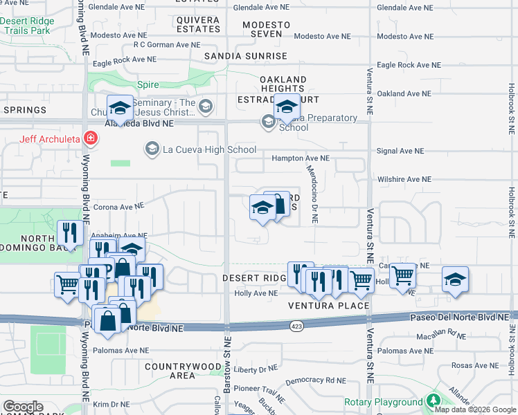 map of restaurants, bars, coffee shops, grocery stores, and more near 8504 Greenarbor Road Northeast in Albuquerque
