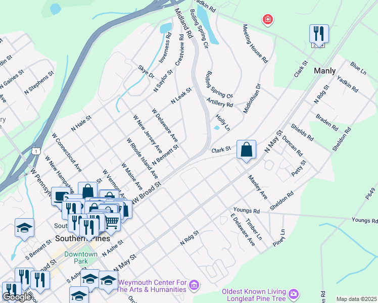 map of restaurants, bars, coffee shops, grocery stores, and more near 140 West Delaware Avenue in Southern Pines
