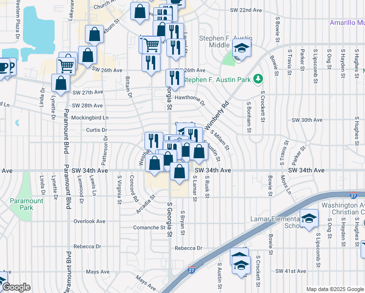 map of restaurants, bars, coffee shops, grocery stores, and more near 3210 Wimberly Road in Amarillo
