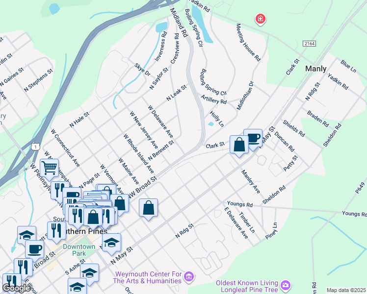 map of restaurants, bars, coffee shops, grocery stores, and more near 140 West Delaware Avenue in Southern Pines