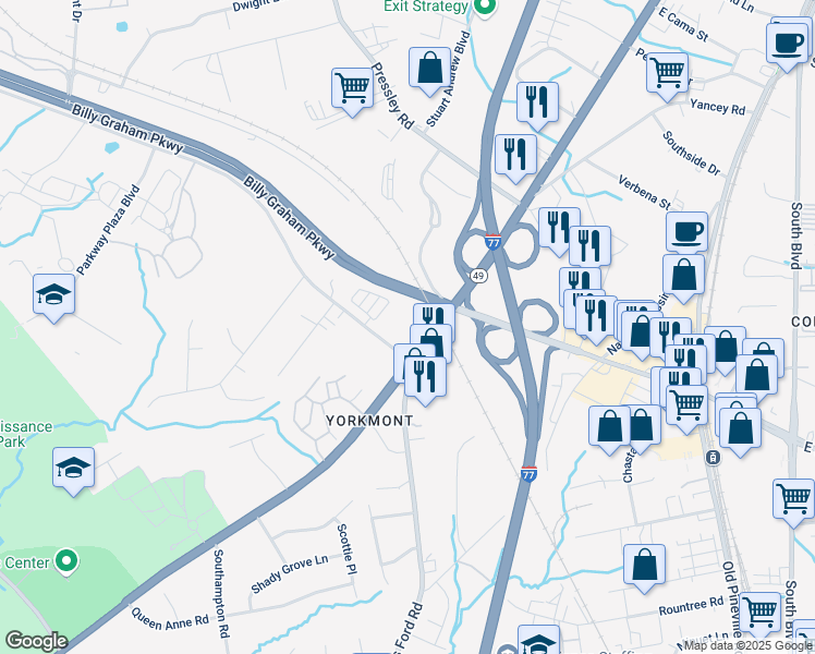 map of restaurants, bars, coffee shops, grocery stores, and more near 4800 South Tryon Street in Charlotte