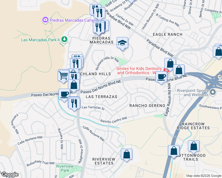 map of restaurants, bars, coffee shops, grocery stores, and more near 8424 Vista Verde Place Northwest in Albuquerque