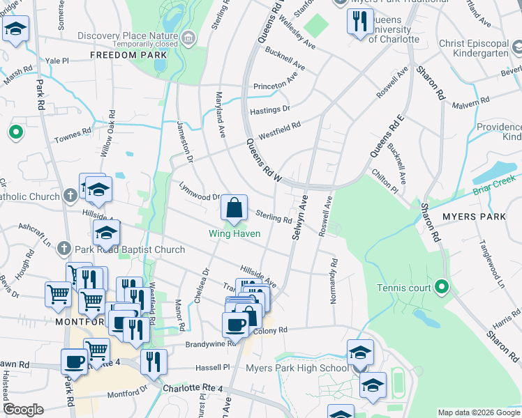 map of restaurants, bars, coffee shops, grocery stores, and more near 1956 Sterling Road in Charlotte
