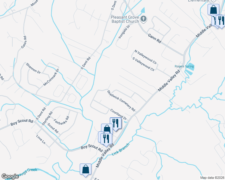 map of restaurants, bars, coffee shops, grocery stores, and more near 1611 Shadwick Cemetery Road in Middle Valley
