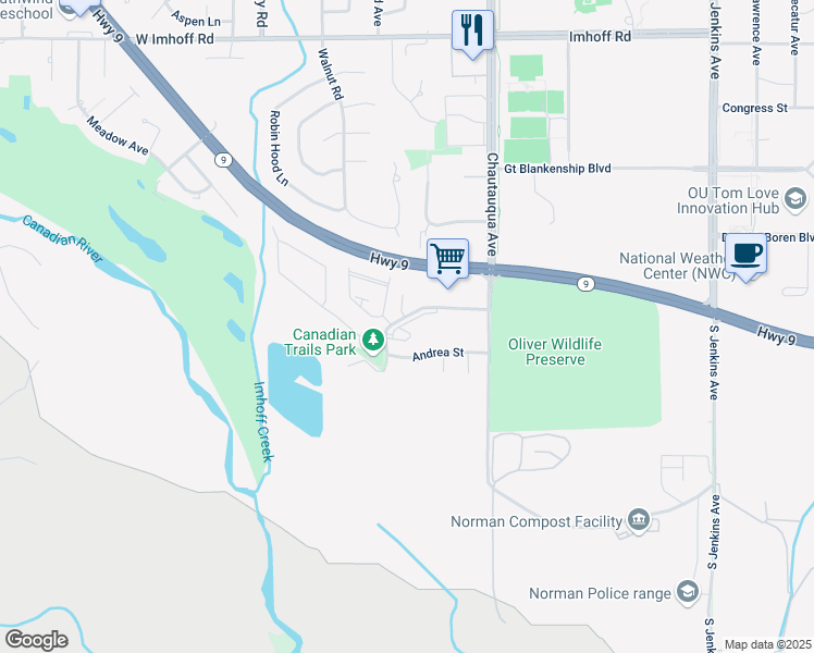 map of restaurants, bars, coffee shops, grocery stores, and more near 800 South Canadian Trails Drive in Norman