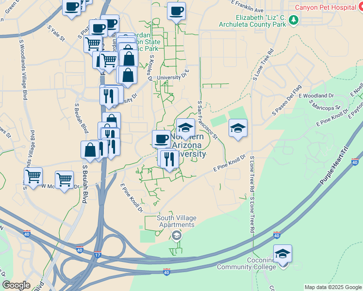 map of restaurants, bars, coffee shops, grocery stores, and more near 400 East McConnell Drive in Flagstaff
