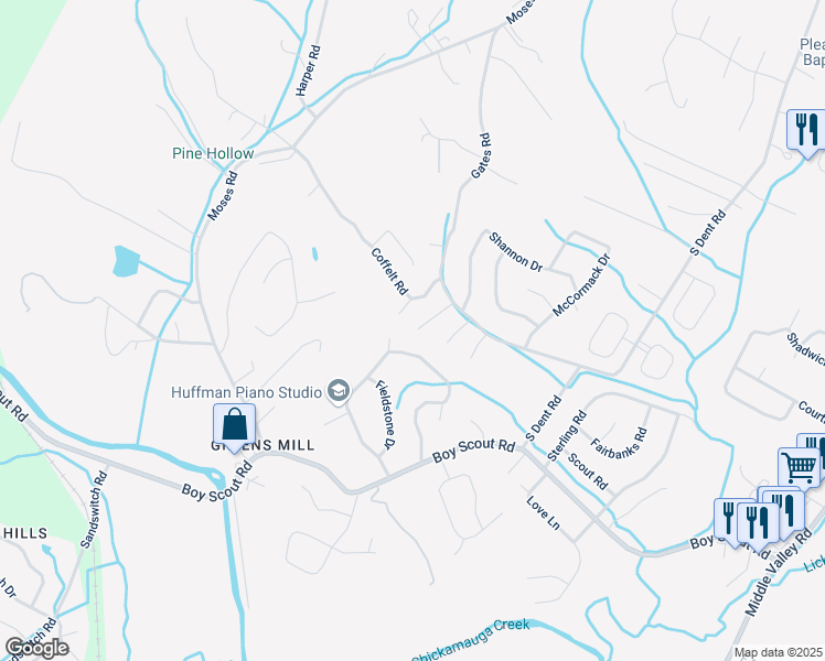 map of restaurants, bars, coffee shops, grocery stores, and more near 1202 Wood Pines Lane in Middle Valley