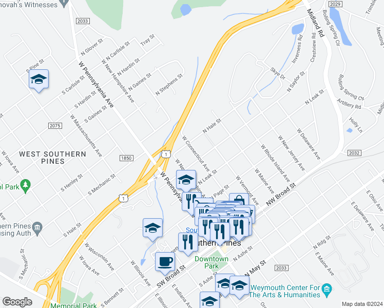 map of restaurants, bars, coffee shops, grocery stores, and more near 540 West Connecticut Avenue in Southern Pines