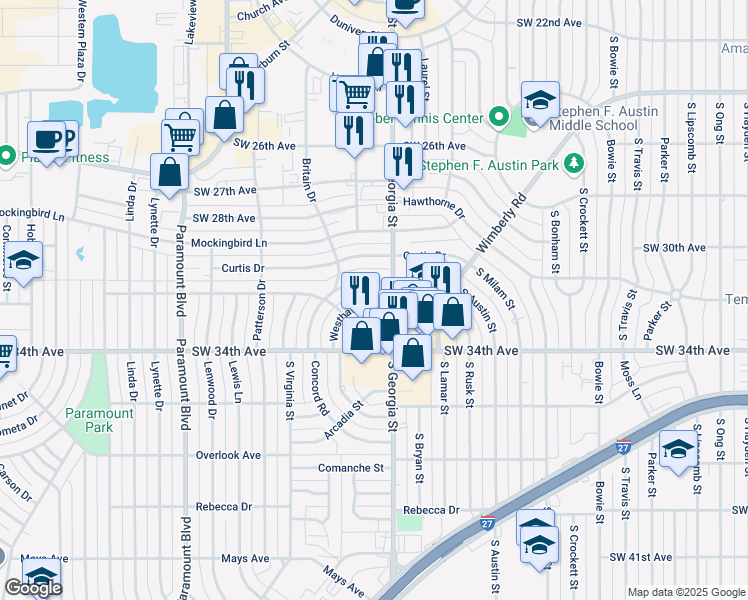 map of restaurants, bars, coffee shops, grocery stores, and more near 2704 Westhaven Circle in Amarillo