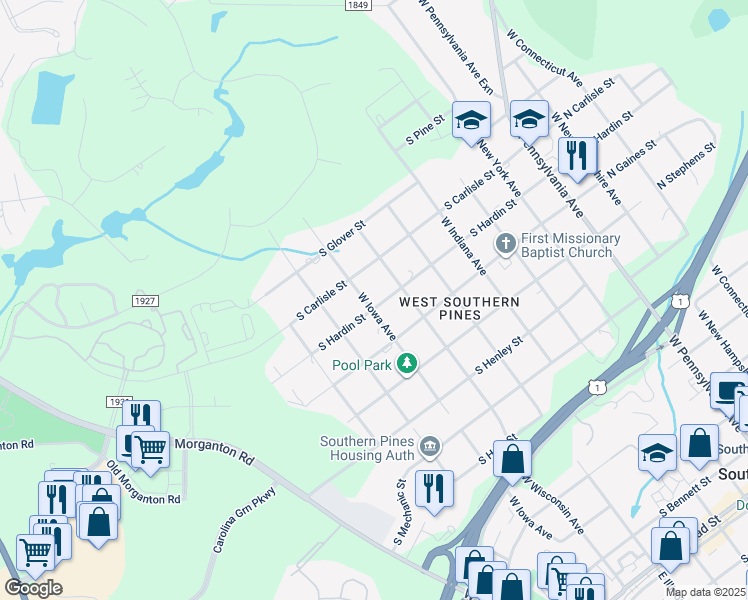 map of restaurants, bars, coffee shops, grocery stores, and more near 612 South Hardin Street in Southern Pines