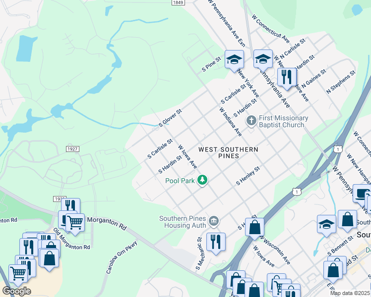 map of restaurants, bars, coffee shops, grocery stores, and more near 612 South Hardin Street in Southern Pines