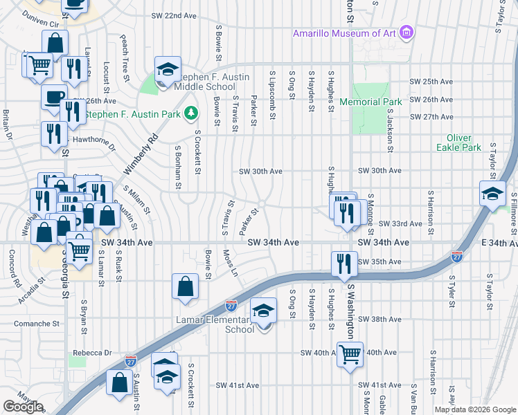 map of restaurants, bars, coffee shops, grocery stores, and more near 3201 Parker Street in Amarillo