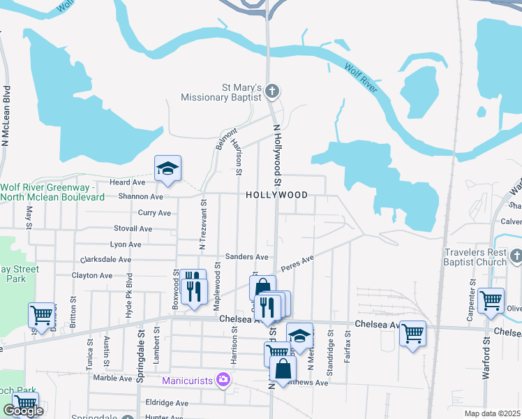 map of restaurants, bars, coffee shops, grocery stores, and more near 1586 Oakwood Street in Memphis