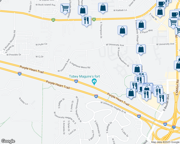 map of restaurants, bars, coffee shops, grocery stores, and more near 1752 West Saratoga Drive in Flagstaff