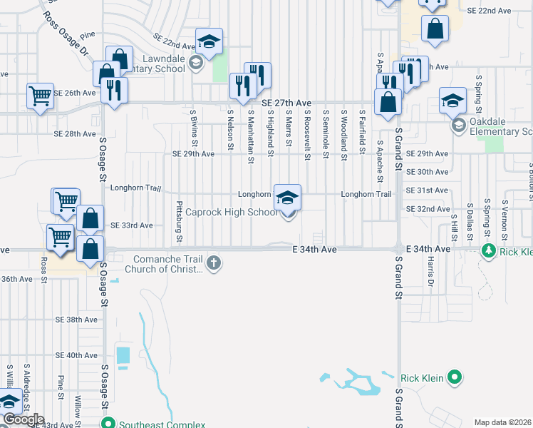 map of restaurants, bars, coffee shops, grocery stores, and more near 2817 East 34th Avenue in Amarillo