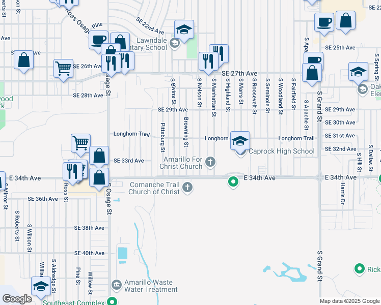 map of restaurants, bars, coffee shops, grocery stores, and more near 3119 Browning Street in Amarillo