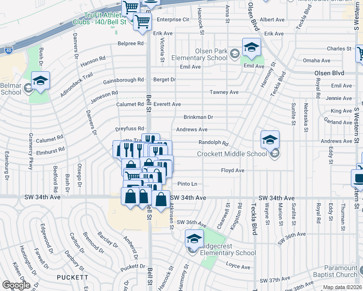 map of restaurants, bars, coffee shops, grocery stores, and more near 5514 Alvarado Road in Amarillo