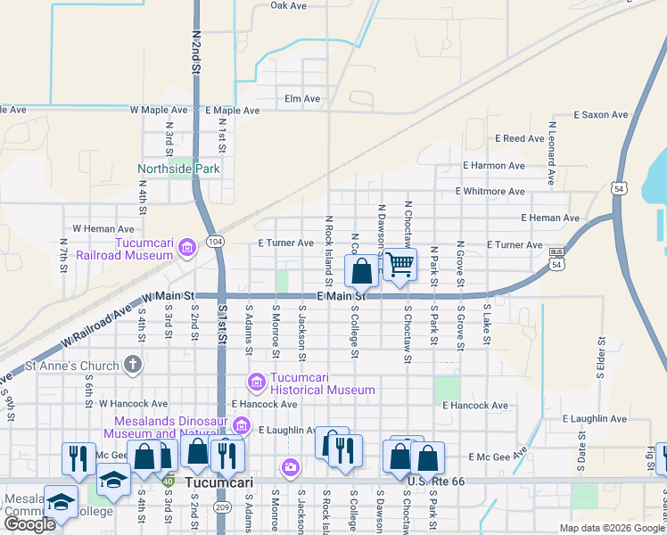 map of restaurants, bars, coffee shops, grocery stores, and more near 601-699 East Main Street in Tucumcari