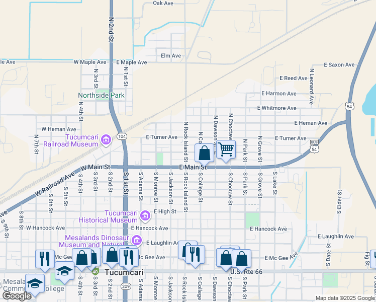 map of restaurants, bars, coffee shops, grocery stores, and more near 601-699 East Main Street in Tucumcari