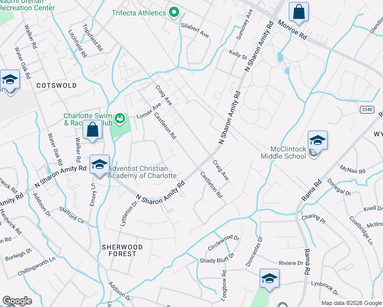 map of restaurants, bars, coffee shops, grocery stores, and more near in Charlotte