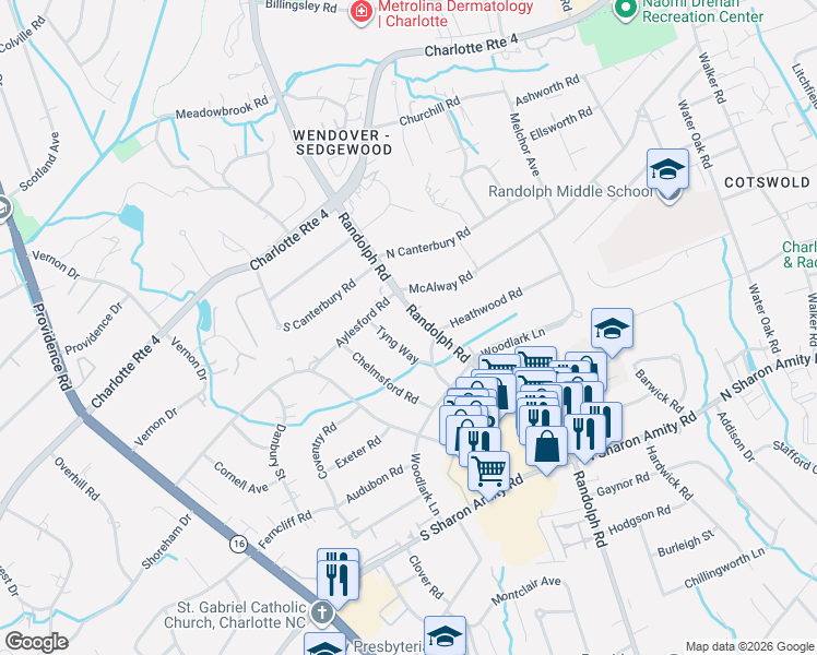 map of restaurants, bars, coffee shops, grocery stores, and more near 4141 Tyng Way in Charlotte