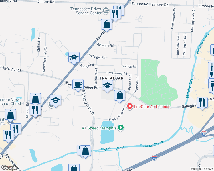 map of restaurants, bars, coffee shops, grocery stores, and more near 6325 Raleigh Lagrange Road in Memphis