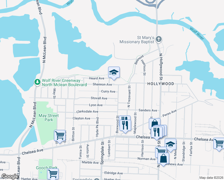 map of restaurants, bars, coffee shops, grocery stores, and more near 2248 Stovall Avenue in Memphis