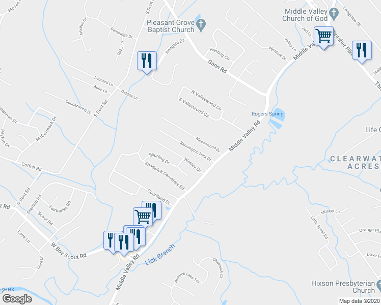 map of restaurants, bars, coffee shops, grocery stores, and more near 928 Kennington Hills Drive in Middle Valley