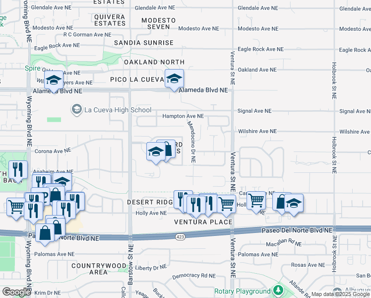 map of restaurants, bars, coffee shops, grocery stores, and more near Sonoma Valley Rd NE in Albuquerque