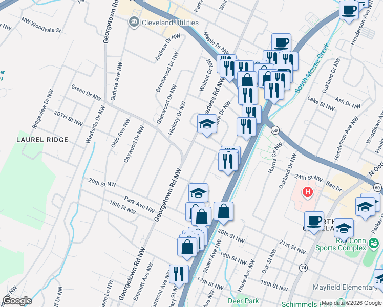 map of restaurants, bars, coffee shops, grocery stores, and more near 2107 Eugenia Avenue Northwest in Cleveland