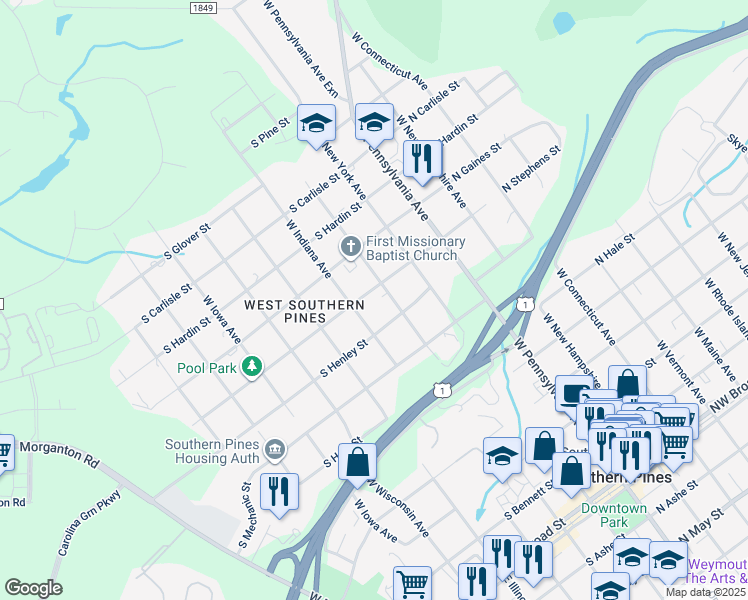 map of restaurants, bars, coffee shops, grocery stores, and more near 381 South Stephens Street in Southern Pines