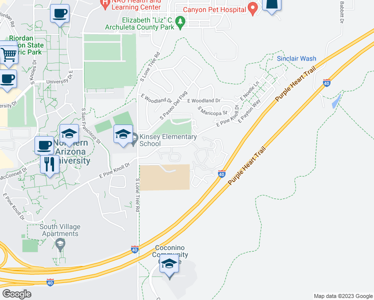 map of restaurants, bars, coffee shops, grocery stores, and more near 937 East Pine Knoll Drive in Flagstaff