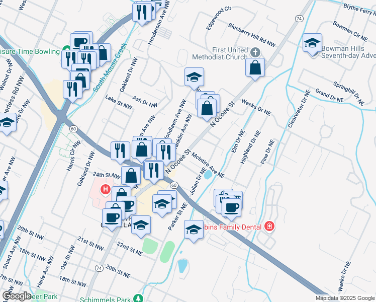 map of restaurants, bars, coffee shops, grocery stores, and more near North Ocoee Street in Cleveland