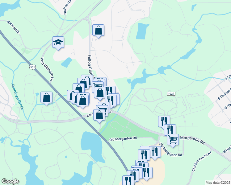 map of restaurants, bars, coffee shops, grocery stores, and more near Talmadge Way in Southern Pines